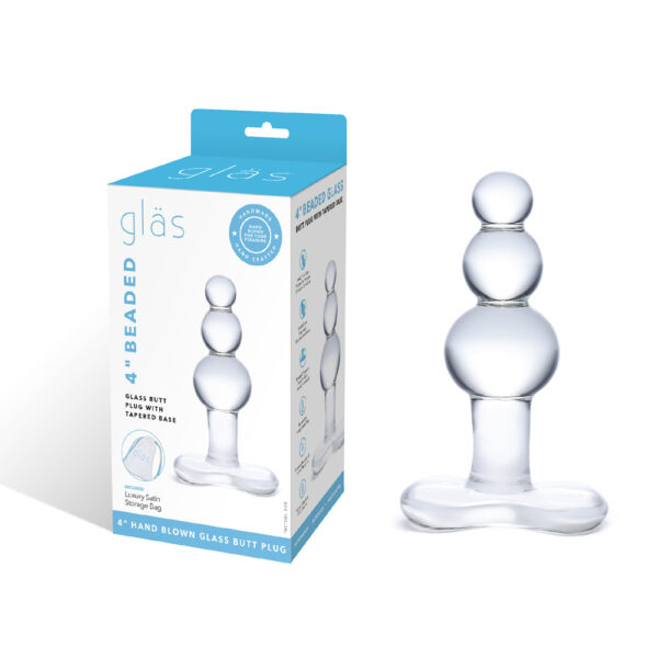 4890808219263 4" Beaded Glass Butt Plug With Tapered Base
