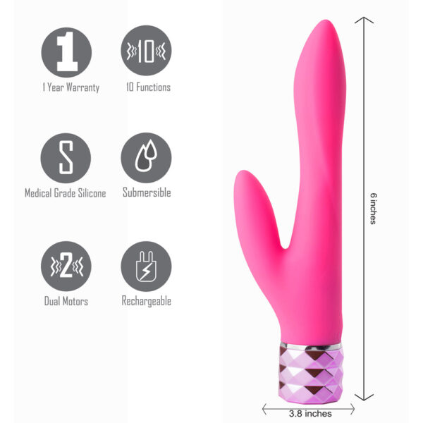 5060311470683 3 Victoria Crystal Gems USB Rechargeable Silicone 10-Function Dual Vibrator Neon Pink