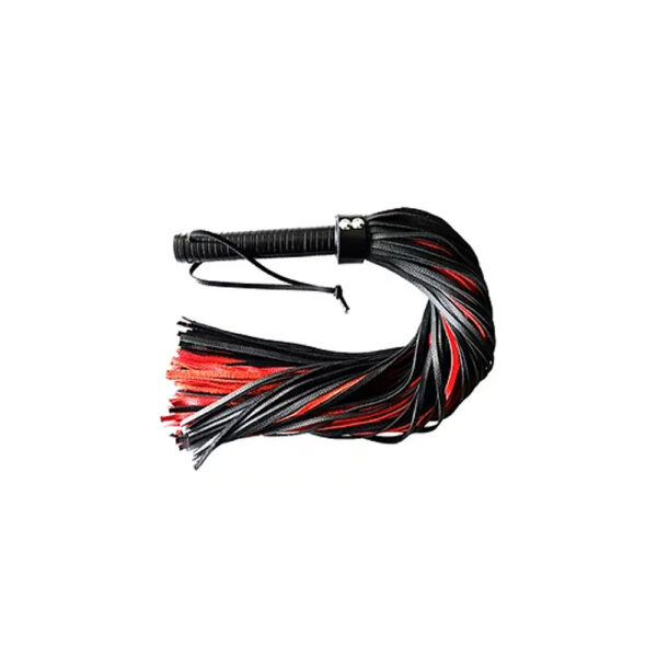 5060404810532 Flogger With Leather Handle & Stripes Black/Red