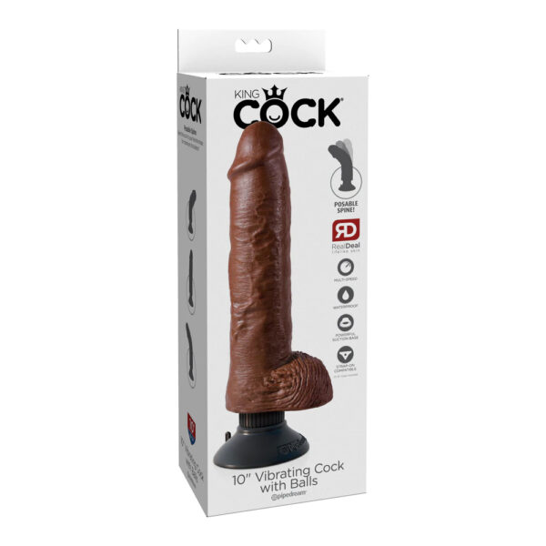 603912737813 King Cock 10" Vibrating Cock With Balls Brown