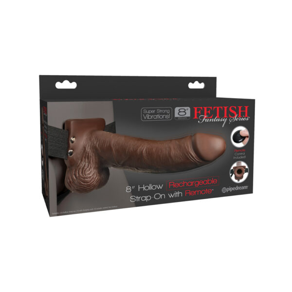 603912759242 Fetish Fantasy 8" Hollow Rechargeable Strap-On With Remote Brown