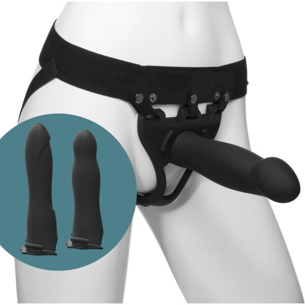782421070311 2 Body Extensions Be Ready 4-Piece Set Silicone Harness with 7" Bulbed / 7.5" Slim / 8" Large Dong Black
