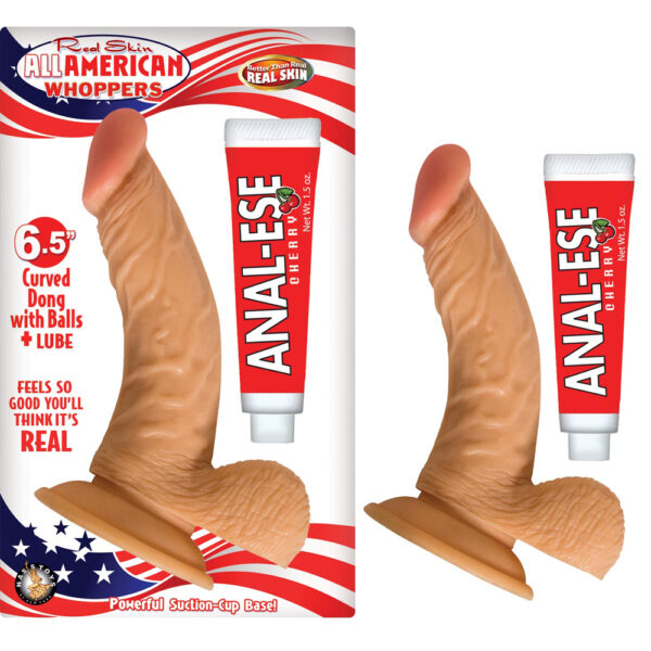 782631244809 All American Whoppers 6.5" Curved Dong W/Balls & Lube Flesh
