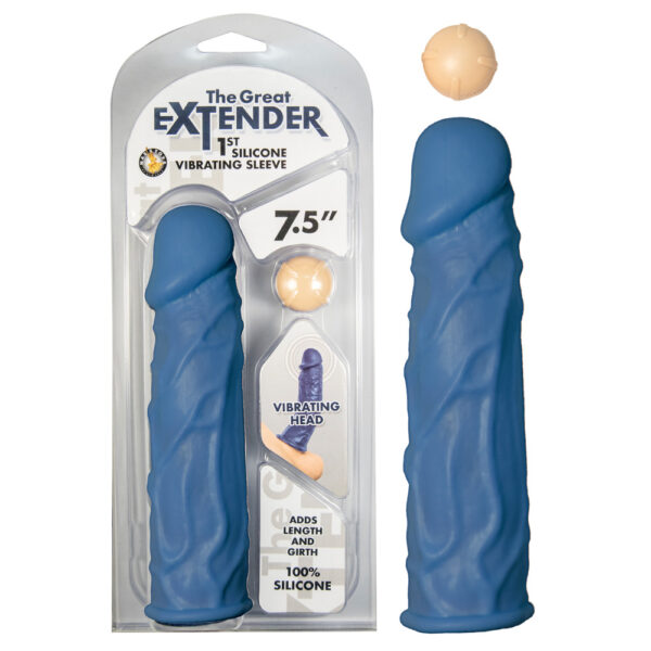 782631296020 The Great Extender 1st Silicone Vibrating Sleeve 7.5 Blue