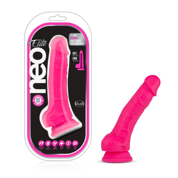 819835022084 Neo Elite 7.5" Silicone Dual Density Cock With Balls Neon Pink