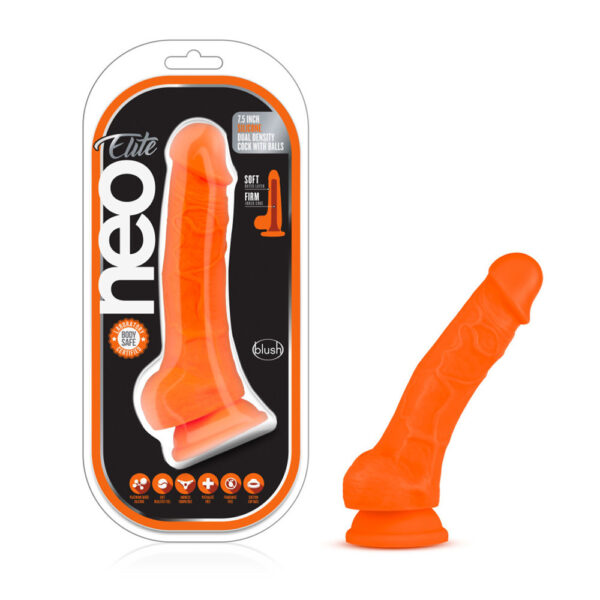 819835022091 Neo Elite 7.5" Silicone Dual Density Cock With Balls Neon Orange