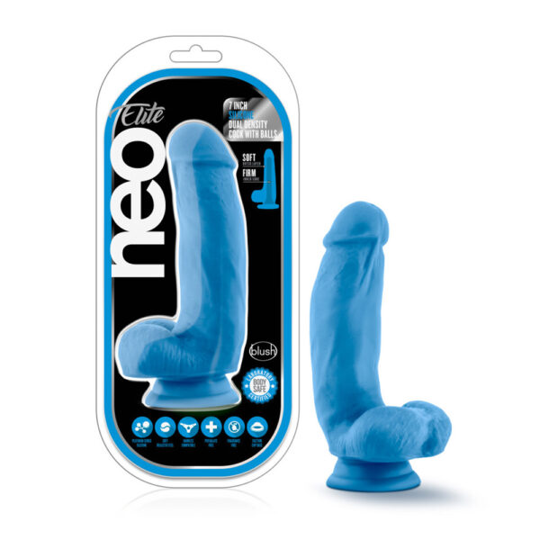 819835022138 Neo Elite 7" Silicone Dual Density Cock With Balls Neon Blue