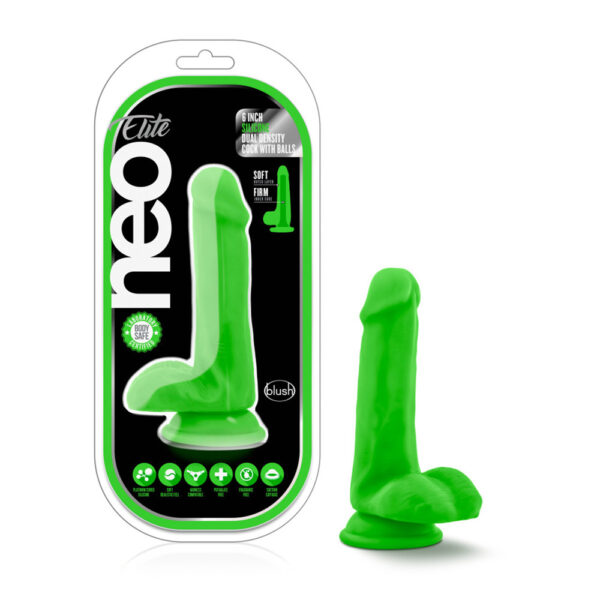 819835022152 Neo Elite 6" Silicone Dual Density Cock With Balls Neon Green