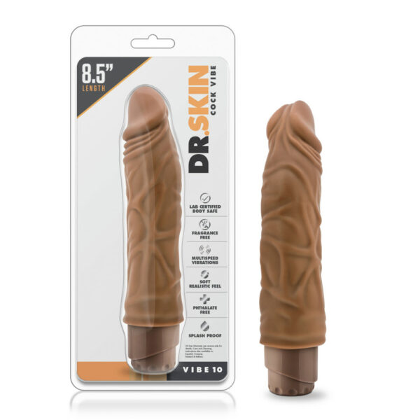 819835022220 Dr. Skin Cock Vibe 10 8.5" Vibrating Cock Mocha