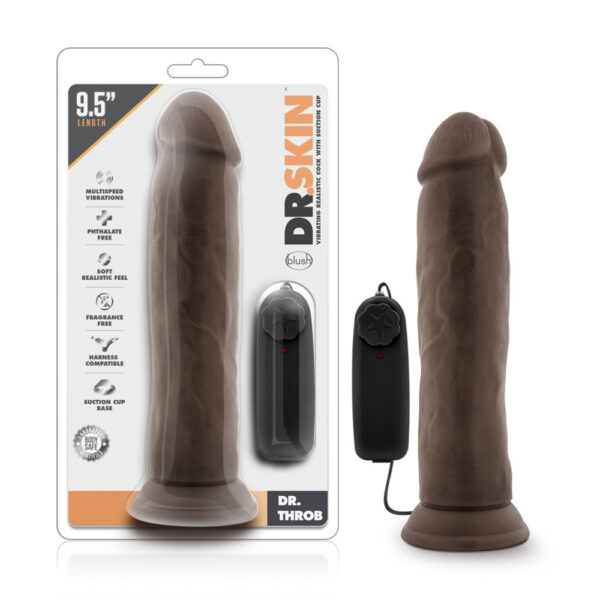 819835022756 Dr. Skin Dr. Throb 9.5" Vibrating Realistic Cock With Suction Cup Chocolate