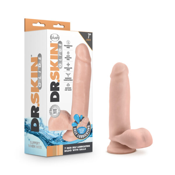 819835025849 Dr. Skin Glide 7'' Self Lubricating Dildo With Balls Vanilla