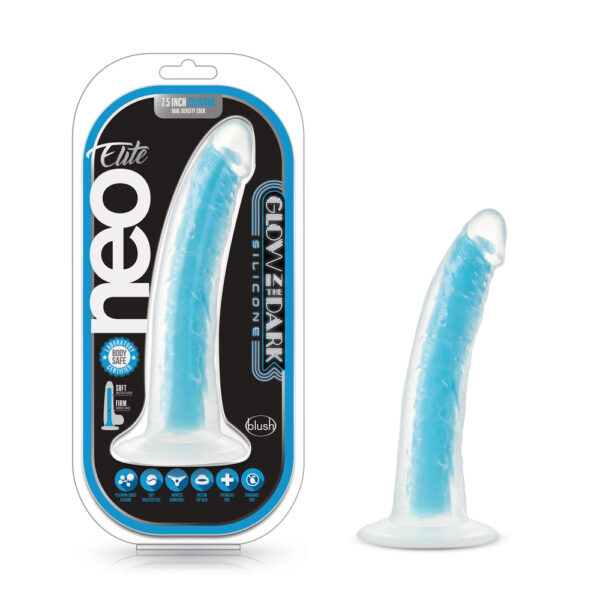 819835026020 Neo Elite Glow In The Dark 7.5" Silicone Dual Density Cock With Suction Cup Neon Blue