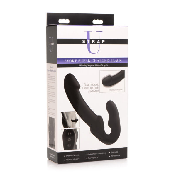 848518029775 Strap U Evoke Super Charged Black Vibrating Strapless Silicone Dildo