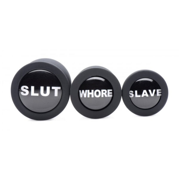 848518032218 3 Master Series Dirty Words Silcone Anal Plug Set