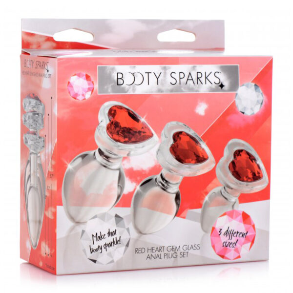 848518037411 Booty Sparks Red Heart Gem Glass Anal Plug Set