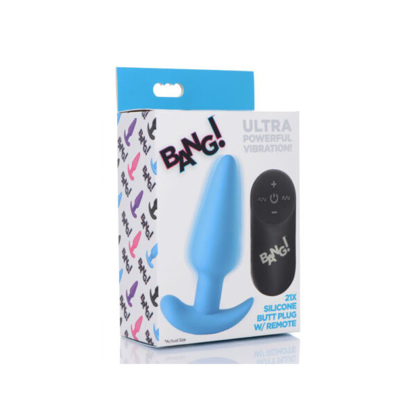 848518039699 Bang! 21X Vibrating Silicone Butt Plug W/ Remote Control Blue