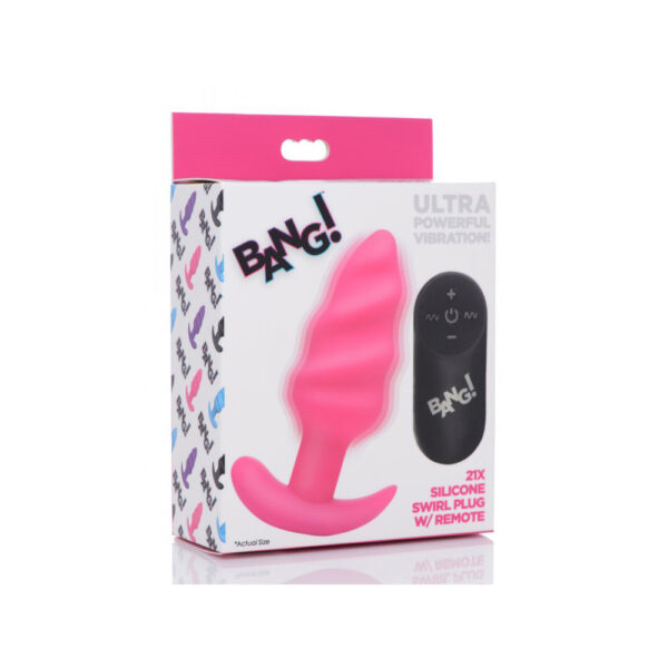 848518039743 Bang! 21X Vibrating Silicone Swirl Butt Plug W/ Remote Control Pink