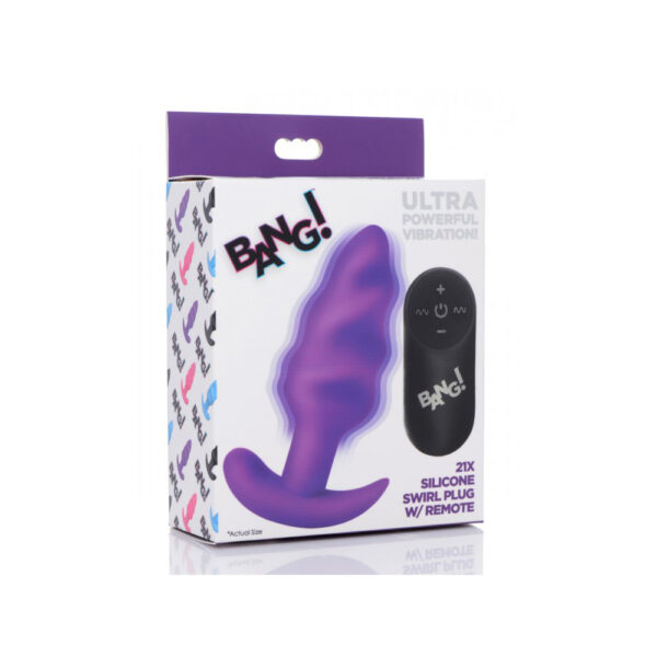 848518039750 Bang! 21X Vibrating Silicone Swirl Butt Plug W/ Remote Control Purple