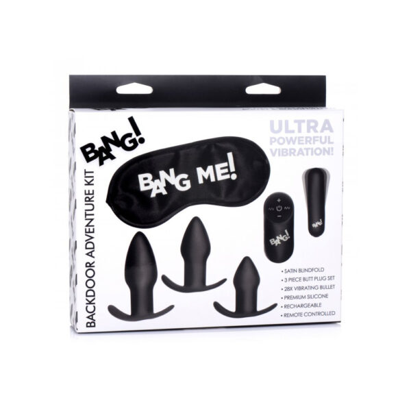 848518039934 Bang! Backdoor Adventure 3Pc Butt Plug Set, Bullet, & Blindfold Kit Black