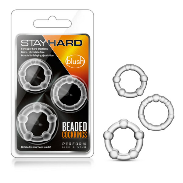 853858007031 Stay Hard Beaded Cockrings Clear