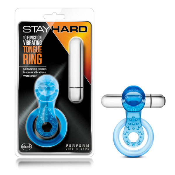 853858007291 Stay Hard 10 Function Vibrating Tongue Ring Blue