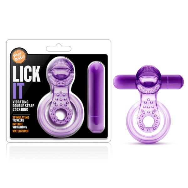 853858007598 Play With Me Lick It Vibrating Double Strap Cockring Purple