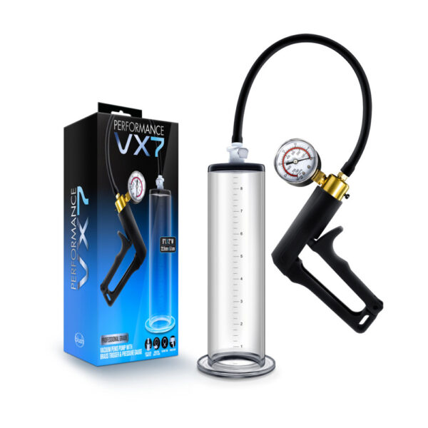 853858007871 Performance Vx7 Vacuum Penis Pump With Brass Trigger & Pressure Gauge Clear