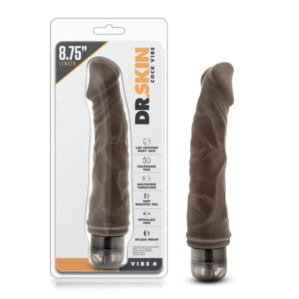 855215007005 Dr. Skin Cock Vibe #6 - 8.75" Vibrating Cock Chocolate