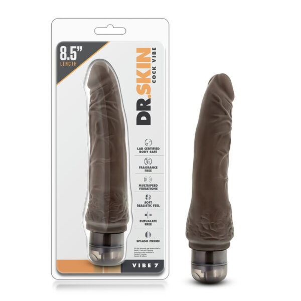 855215007012 Dr. Skin Cock Vibe #7 - 8.5" Vibrating Cock Chocolate