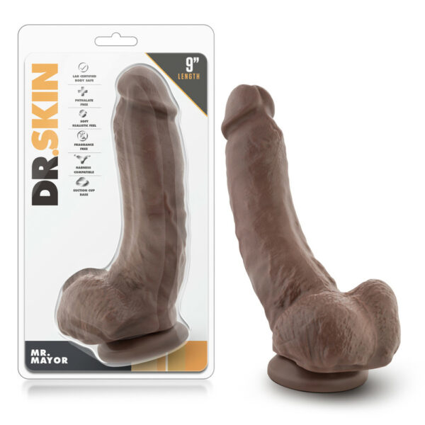 855215007135 Dr. Skin Mr. Mayor 9" Dildo With Suction Cup Chocolate