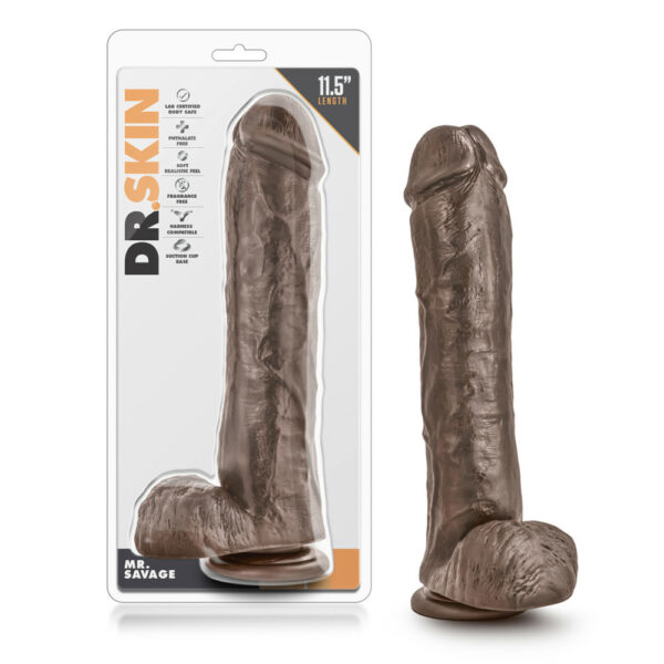 855215007159 Dr. Skin Mr. Savage 11.5" Dildo with Suction Cup Chocolate