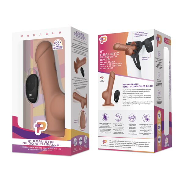 4890808255650 8" Remote Control Realistic Silicone Dildo With Balls And Harness Included