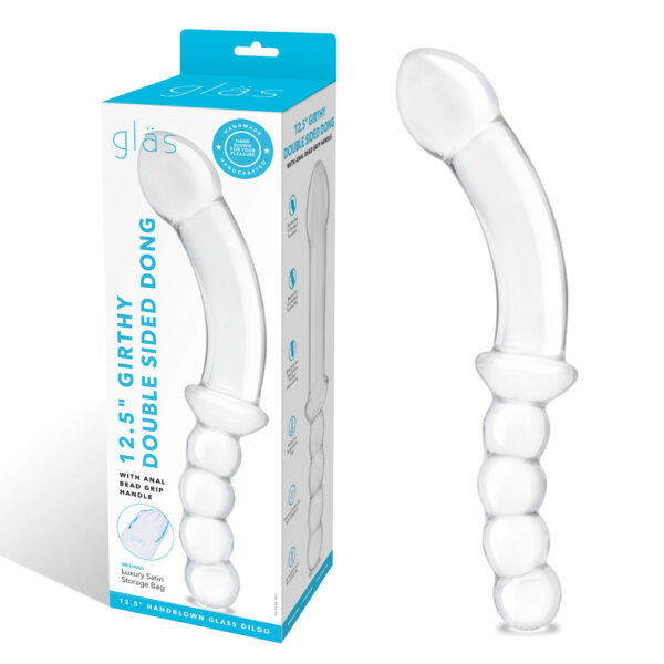 4890808283035 Glas 12.5" Girthy Double Sided Dong With Anal Bead Grip Handle