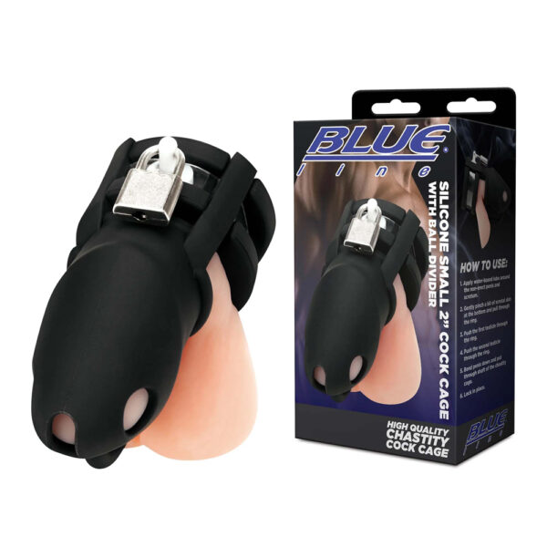4890808283479 Silicone Small 2" Cock Cage With Ball Divider Black