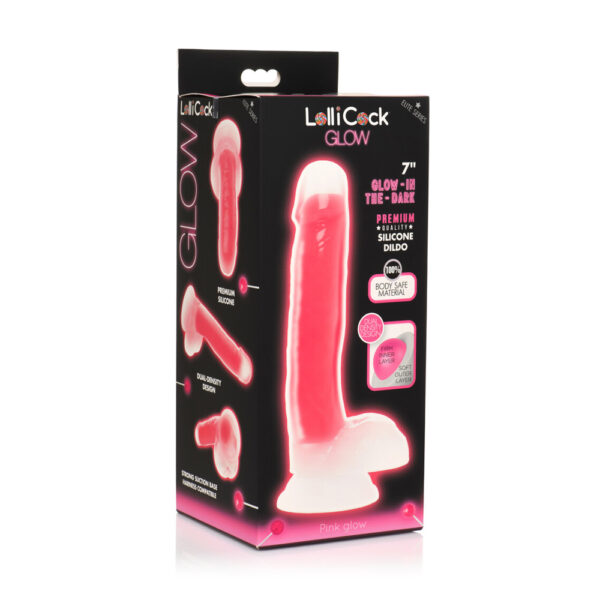 653078943511 Lollicock 7'' Glow-In-The-Dark Silicone Dildo W/ Balls Pink