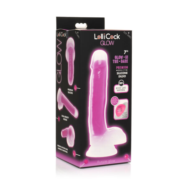 653078943528 Lollicock 7'' Glow-In-The-Dark Silicone Dildo W/ Balls Purple