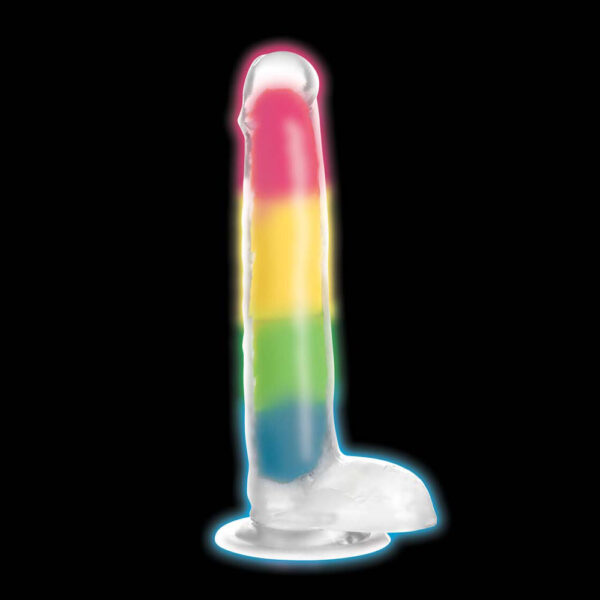 653078943733 2 Lollicock 7" Glow-In-The-Dark Rainbow Silicone Dildo W/ Balls