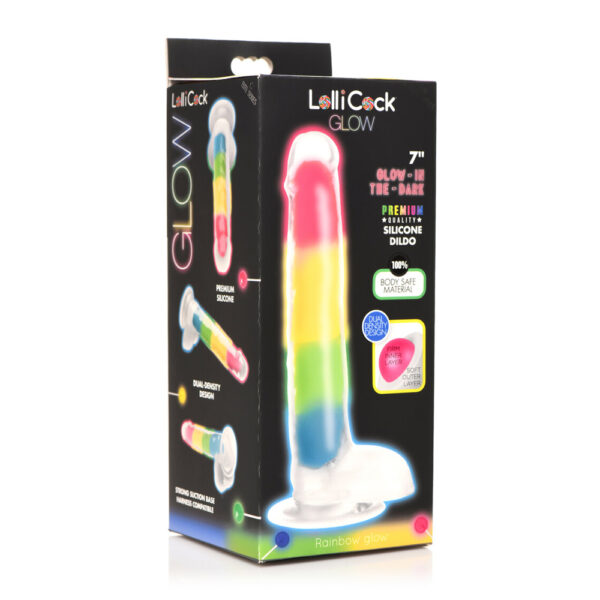 653078943733 Lollicock 7" Glow-In-The-Dark Rainbow Silicone Dildo W/ Balls