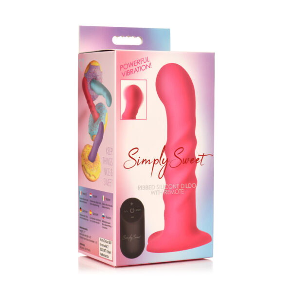 653078944105 Simply Sweet 21X Vibrating Ribbed Silicone Dildo With Remote Pink