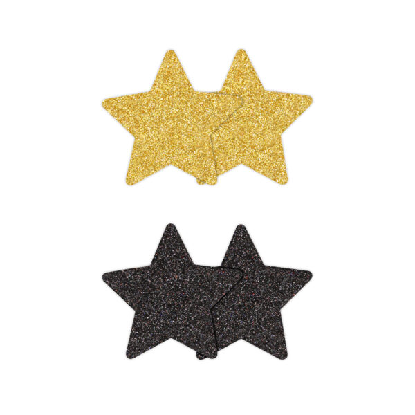 657447107801 2 Pretty Pasties Glitter Stars Black/Gold 2 Pair