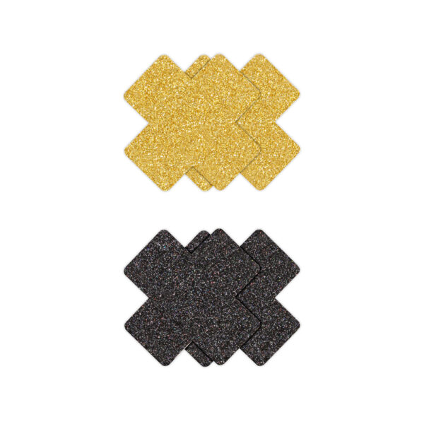 657447107849 2 Pretty Pasties Glitter Cross Black/Gold 2 Pair