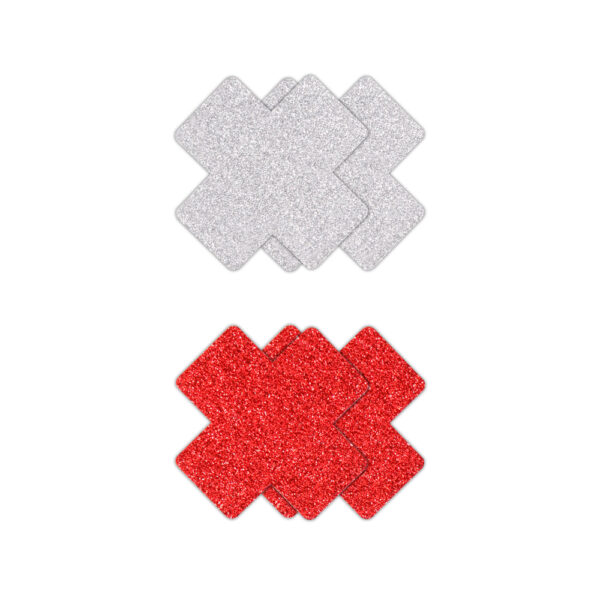 657447107856 2 Pretty Pasties Glitter Cross Red/Silver 2 Pair