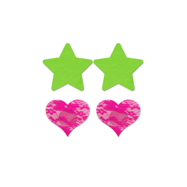 657447305849 2 Fashion Pasties Set: Neon Green Solid Star Neon Pink Lace Heart