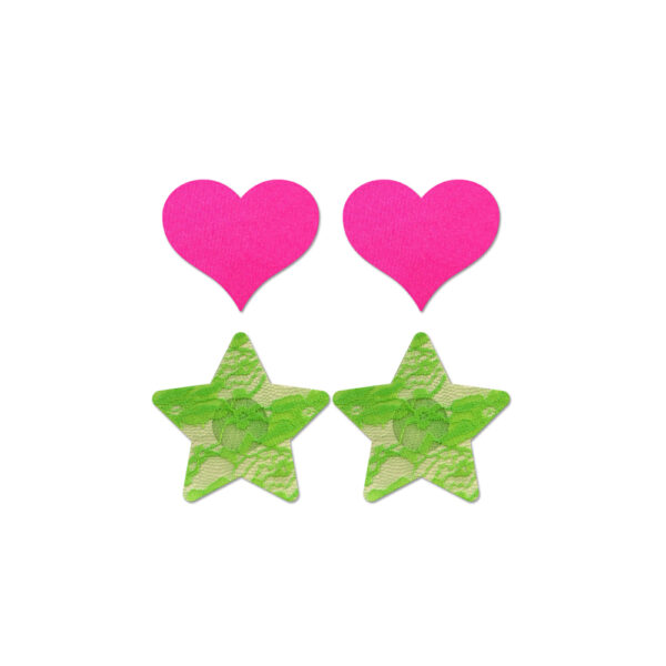 657447305856 2 Fashion Pasties Set: Neon Pink Satin Heart Neon Green Lace Star