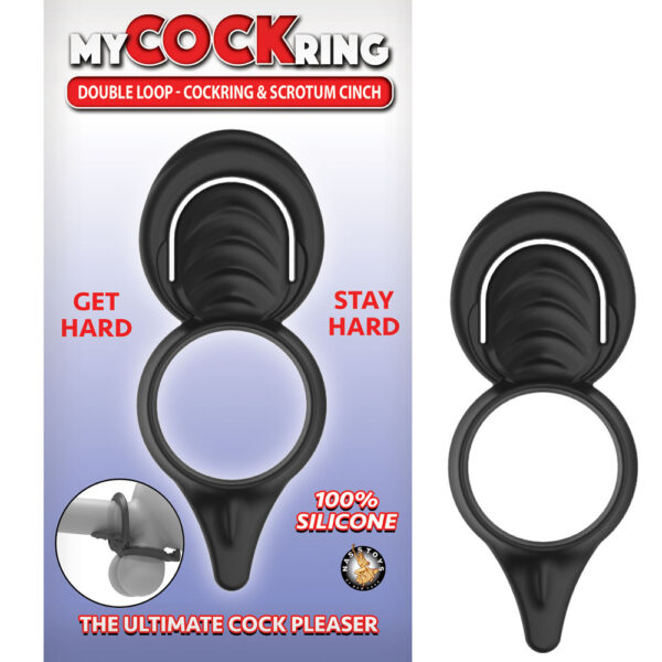 782631300604 My Cockring Double Loop Cockring & Scrotum Cinch Black