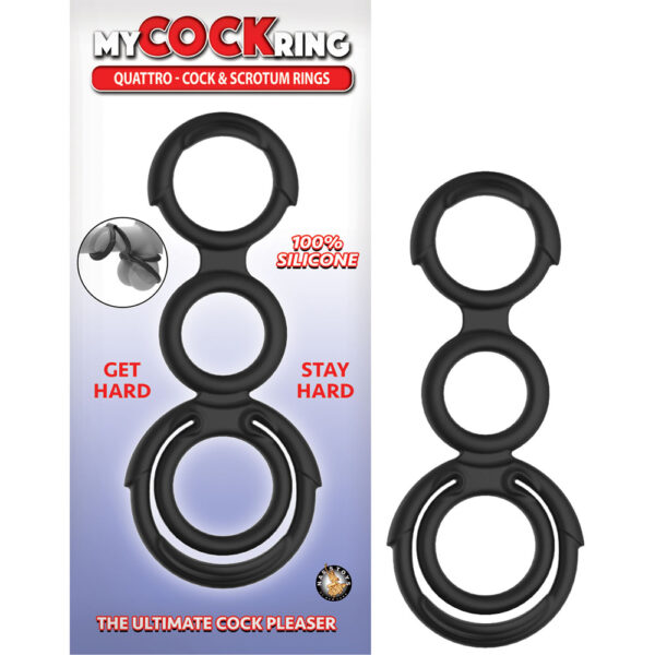 782631300703 My Cockring Quattro Cock & Scrotum Rings Black