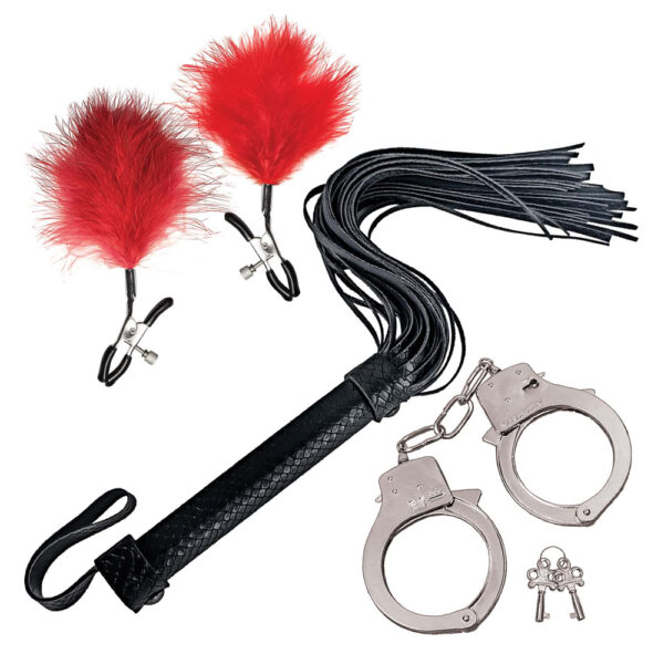 782631318715 2 Bondage By Nasstoys Whip, Feather & Cuffs Red