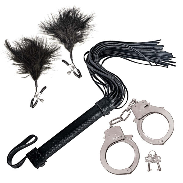 782631318722 2 Bondage By Nasstoys Whip, Feather & Cuffs Black