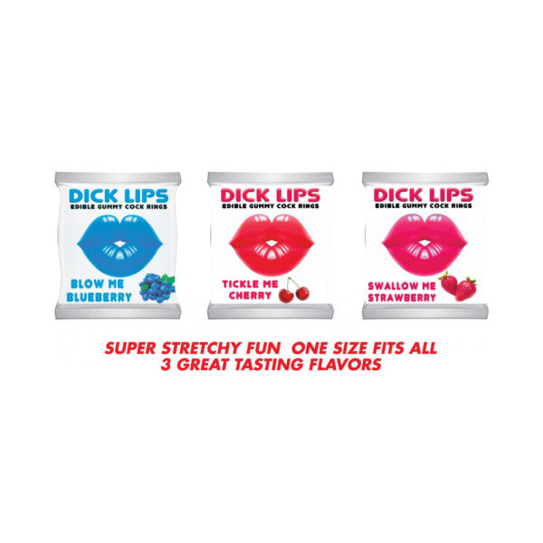 818631035892 2 Dicklips Gummy Cock Rings Singles 3 Assorted Flavors 21 Pc Display