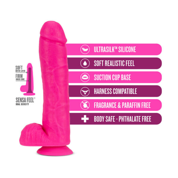 819835024552 3 Neo Elite 11" Silicone Dual Density Cock With Balls Neon Pink